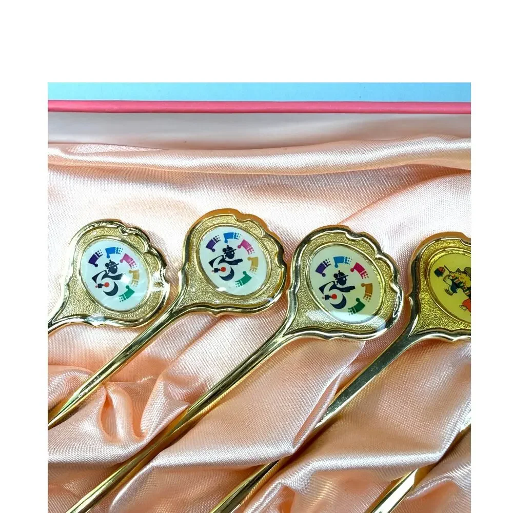 NIB 1994 Korean Gold Plated Stainless Enamel Spoon and Fork Appetizer Set of 6